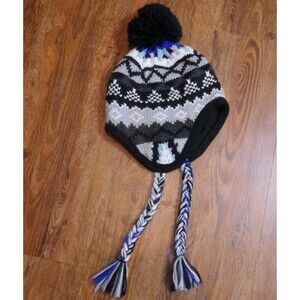 Bright Blue Black Colors Knit Winter Ear Flap Trapper Hat Crochet Top Puff Felt